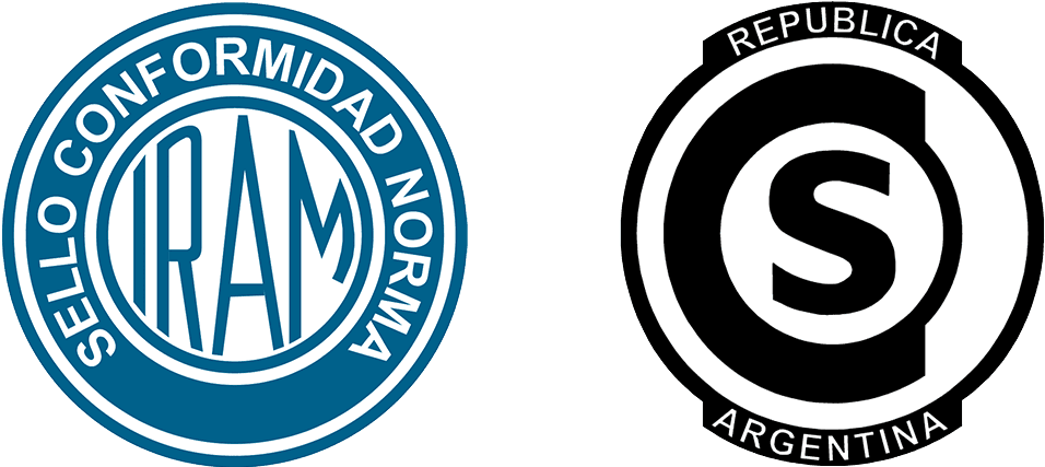 Sello de conformidad con norma IRAM y sello de seguridad de la República Argentina