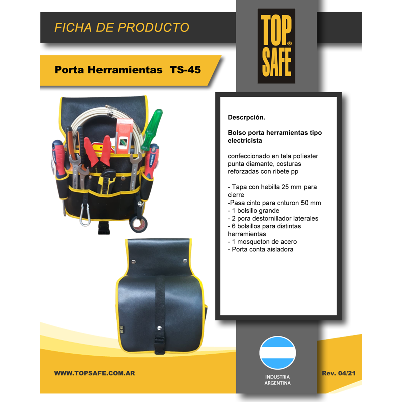Bolso porta herramientas de cuero y lona tipo electricista, con tapa.