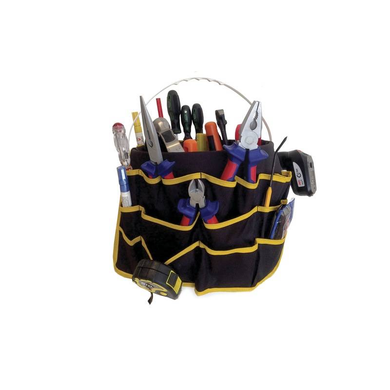 Funda porta herramientas universal para colocar sobre balde plástico de 10 litros.